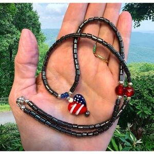 Handmade Necklace Patriotic Hematite Heart Beaded